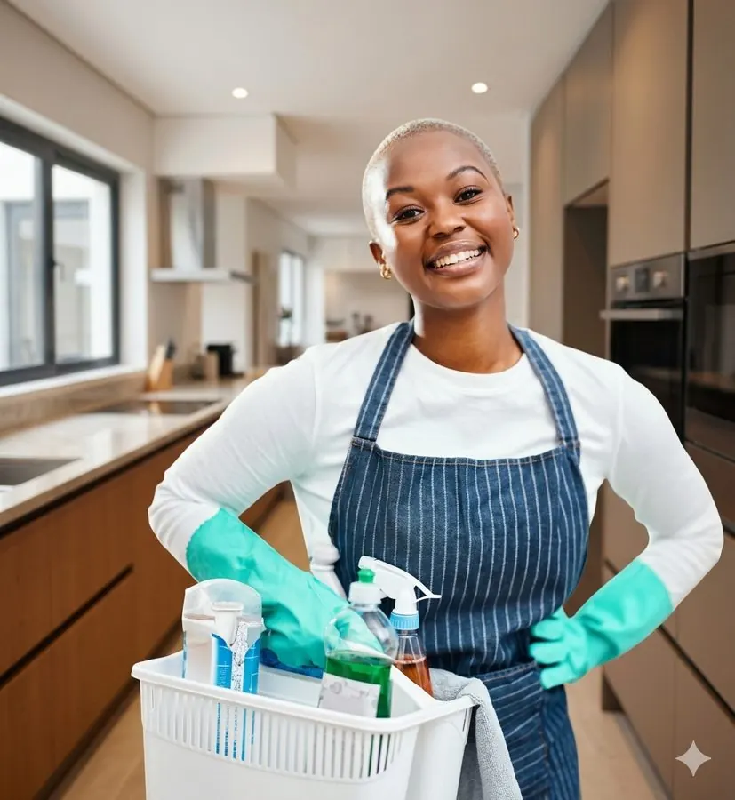Agente d'entretien souriante en tablier, gants et produits ménagers en main
